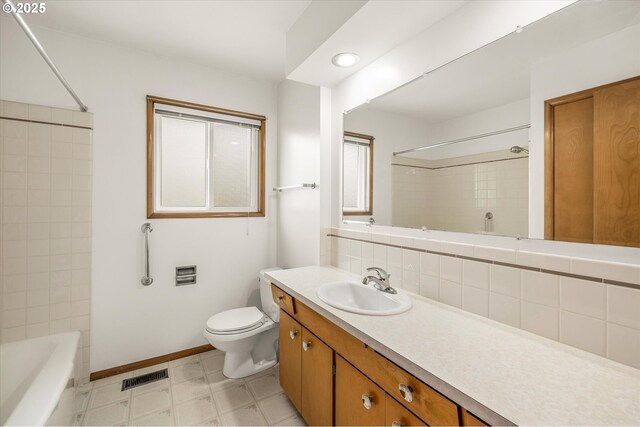 1220 NE 196th Ave, Portland, OR 97230 - bathroom featuring vanity, decorative backsplash, shower / bathtub combination, and tile patterned floors