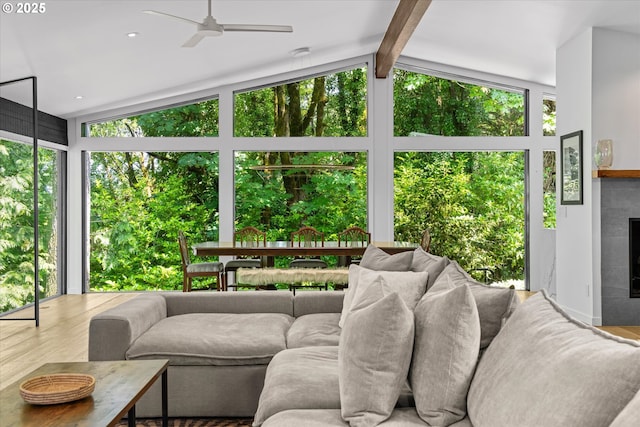 1801 NW Walmer Dr, Portland, OR 97229 - sunroom / solarium featuring an outdoor living space with a fireplace, a ceiling fan, wood finished floors, and lofted ceiling