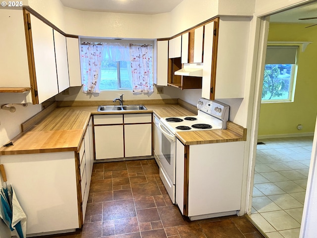 kitchen with white cabinets, white electric range, and sink