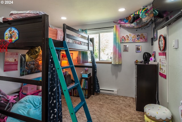 bedroom featuring baseboard heating and carpet floors