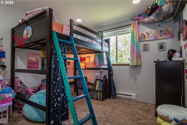 carpeted bedroom with baseboard heating