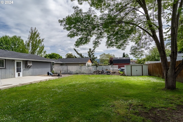 view of yard featuring a patio area and a storage shed