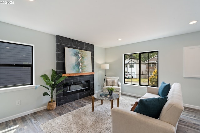living room featuring wood finished floors, baseboards, and recessed lighting