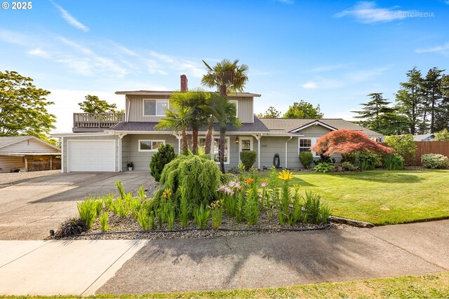 2338 NE 137th Ave, Portland, OR 97230 - traditional-style home with driveway, an attached garage, a chimney, and a balcony