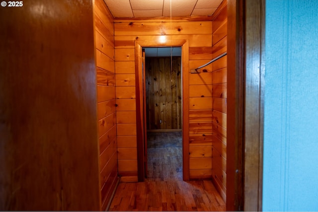 hallway featuring wooden walls and wood finished floors