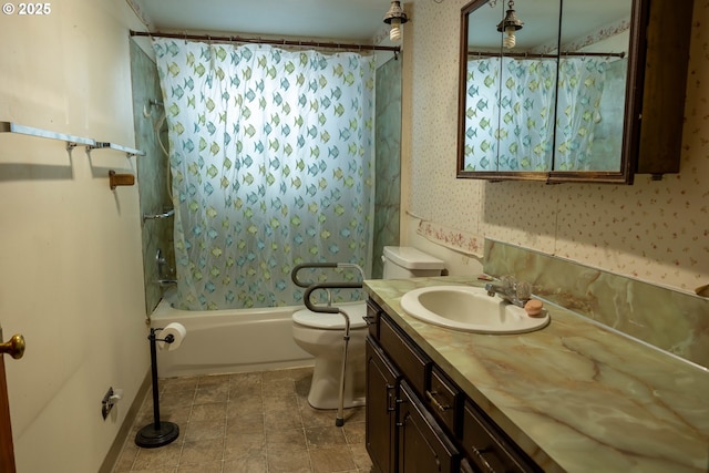 full bathroom with wallpapered walls, vanity, toilet, and shower / bathtub combination with curtain