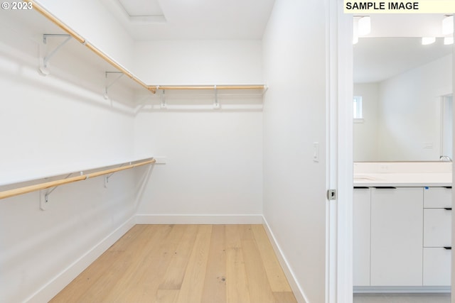 spacious closet with light hardwood / wood-style flooring