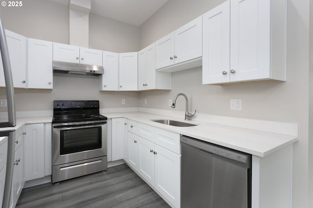 9638 SE Holgate Blvd Unit 1, 2, 3, Portland, OR 97266 - kitchen with under cabinet range hood, appliances with stainless steel finishes, white cabinetry, and a sink