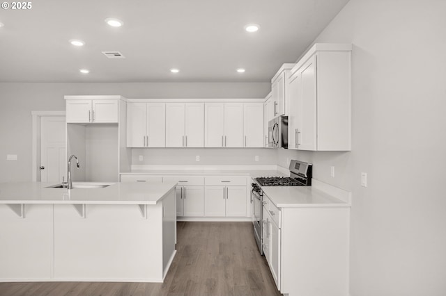 5954 Henshaw St SE, Albany, OR 97322 - kitchen with stainless steel appliances, a sink, wood finished floors, recessed lighting, and light countertops