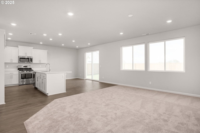5954 Henshaw St SE, Albany, OR 97322 - kitchen with appliances with stainless steel finishes, a sink, recessed lighting, open floor plan, and baseboards