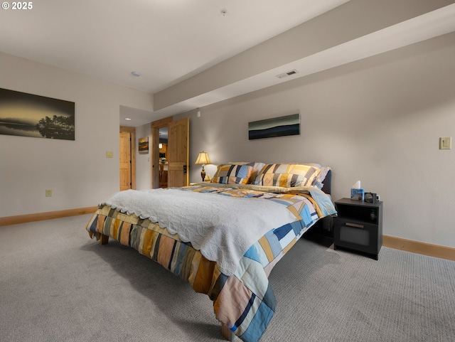 carpeted bedroom with baseboards and recessed lighting