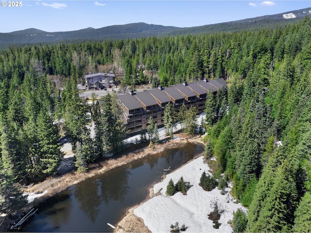 aerial view of property and surrounding area with a heavily wooded area and a water and mountain view