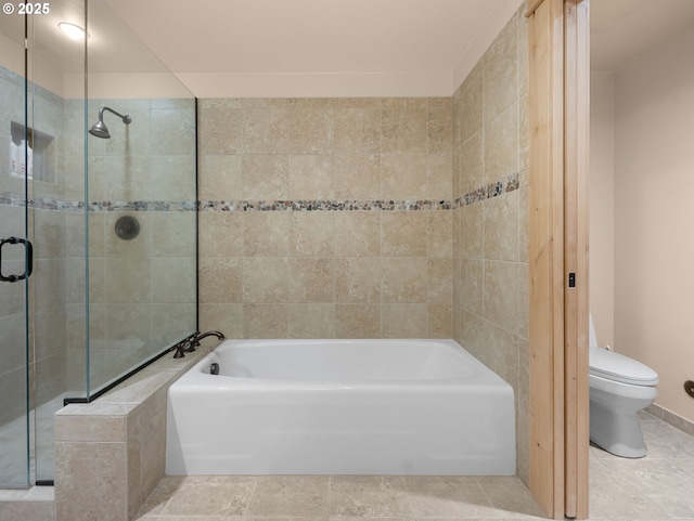 full bathroom with a tile shower, a tub to relax in, toilet, and tile patterned flooring