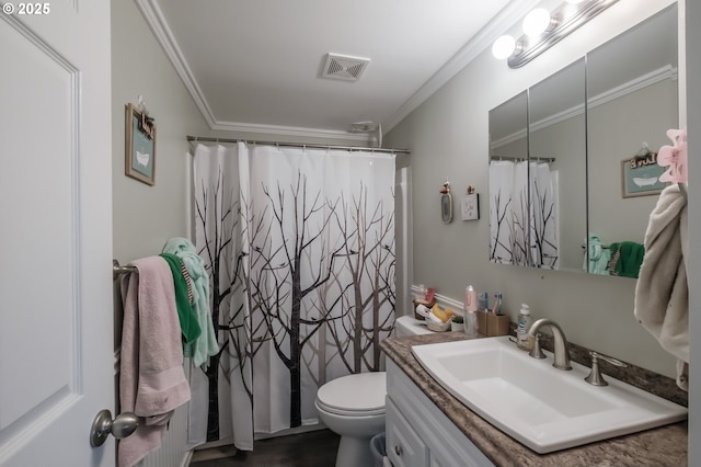 bathroom with visible vents, toilet, a shower with curtain, ornamental molding, and vanity