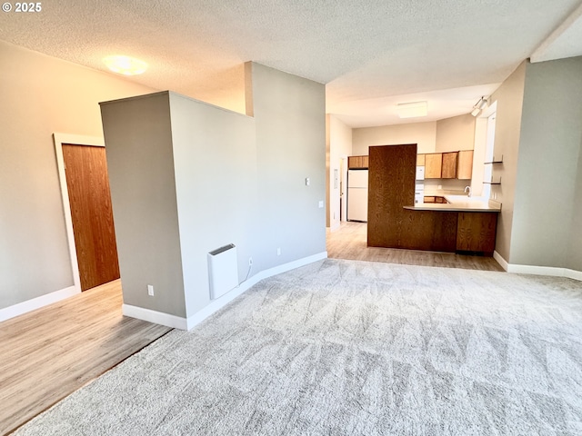 unfurnished living room featuring light colored carpet and a textured ceiling