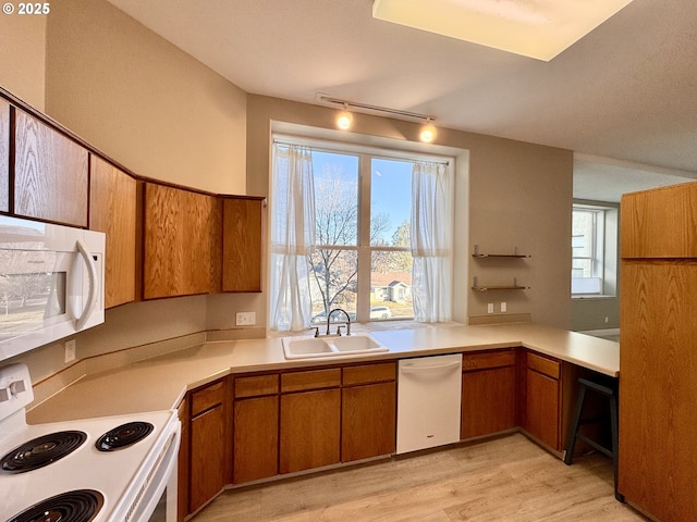 kitchen featuring sink, white appliances, and light hardwood / wood-style floors