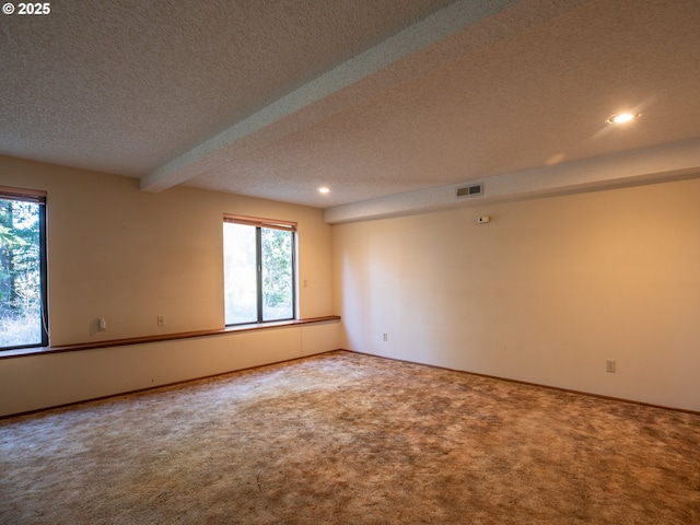 unfurnished room featuring carpet flooring and a textured ceiling