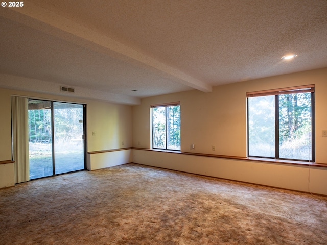 carpeted spare room featuring beam ceiling and a textured ceiling