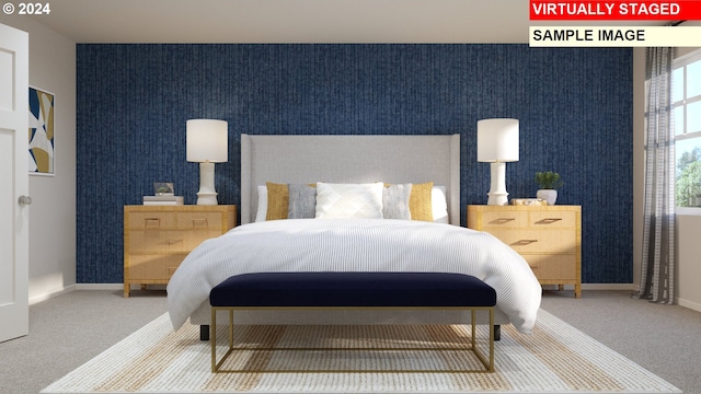 bedroom featuring carpet floors, wallpapered walls, and baseboards