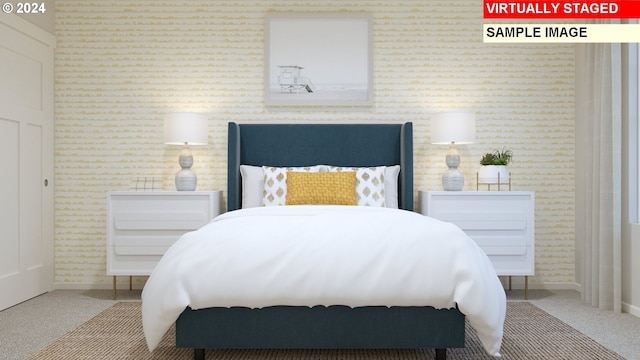 carpeted bedroom featuring baseboards and wallpapered walls