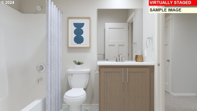 full bathroom with vanity, baseboards, toilet, and shower / tub combo with curtain