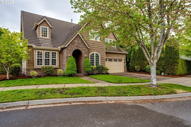 tudor-style house featuring aphalt driveway, a front lawn, and stone siding