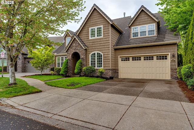 view of front of home featuring concrete driveway, a front lawn, stone siding, and a garage