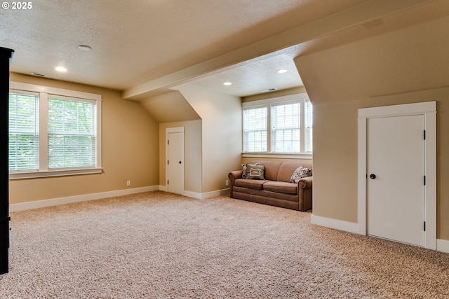 bonus room featuring a textured ceiling, baseboards, visible vents, and carpet