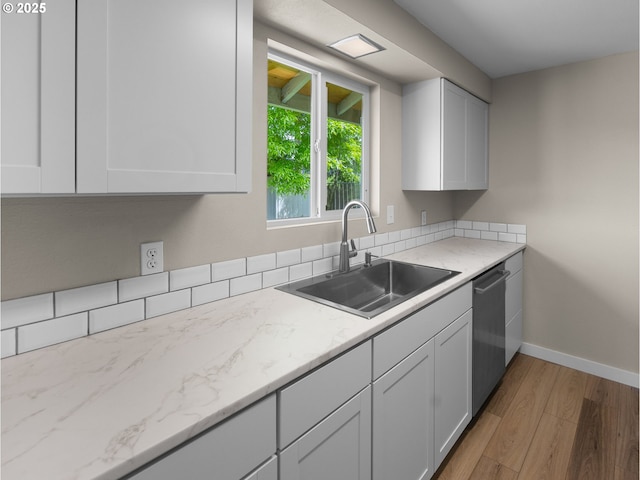 24033 SE Oak St, Gresham, OR 97030 - kitchen featuring a sink, stainless steel dishwasher, light wood-style flooring, and white cabinetry