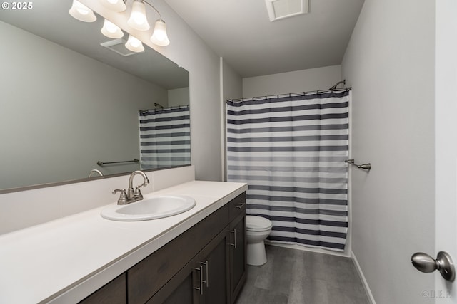 46 Shore Dr, Saint Helens, OR 97051 - bathroom featuring toilet, wood finished floors, vanity, a shower with shower curtain, and baseboards