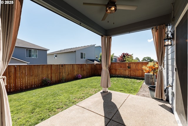 46 Shore Dr, Saint Helens, OR 97051 - view of yard featuring central AC, a patio area, ceiling fan, and a fenced backyard