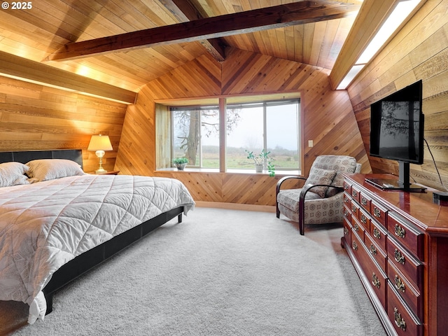 bedroom featuring carpet, wood ceiling, and vaulted ceiling with beams