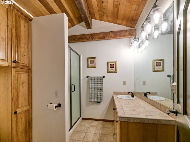 bathroom featuring wood ceiling, tile patterned floors, a shower with door, vanity, and vaulted ceiling with beams