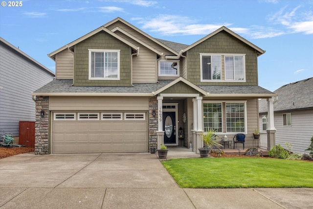 craftsman inspired home featuring a garage, driveway, a front yard, roof with shingles, and stone siding