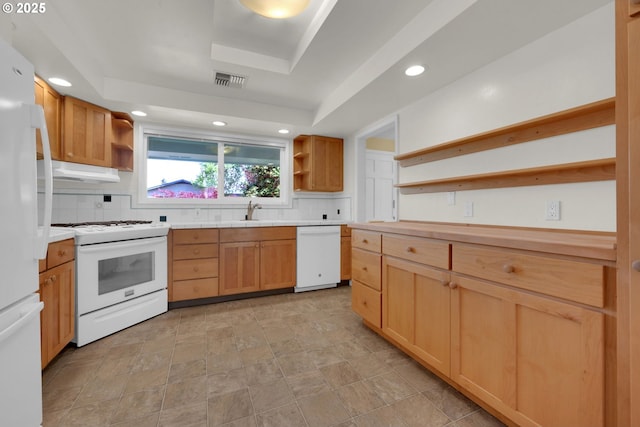 2720 Taylor St, Eugene, OR 97405 - kitchen featuring open shelves, backsplash, white appliances, and visible vents