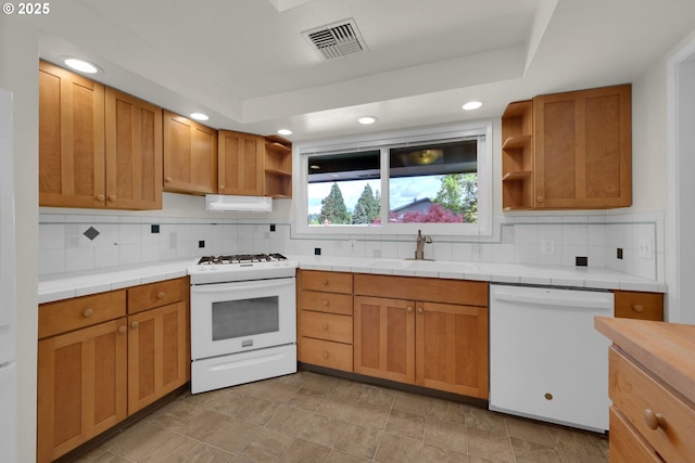 2720 Taylor St, Eugene, OR 97405 - kitchen featuring open shelves, a sink, white appliances, decorative backsplash, and visible vents
