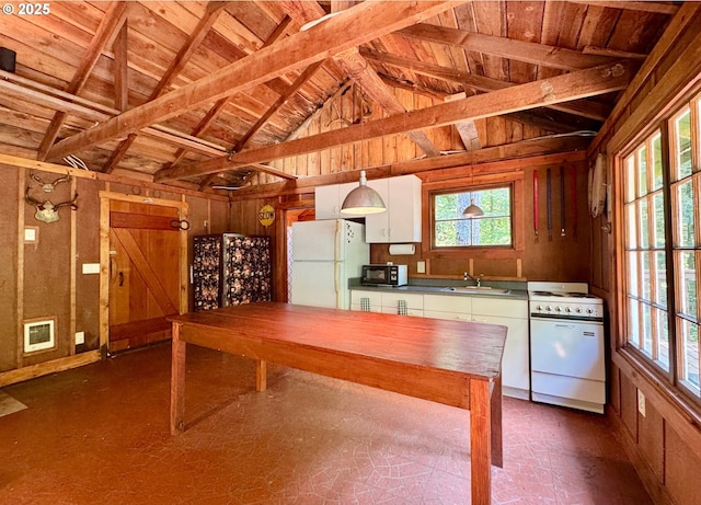 26015 NE Lucia Falls Rd, Yacolt, WA 98675 - kitchen with white appliances, wood ceiling, white cabinetry, pendant lighting, and wood walls