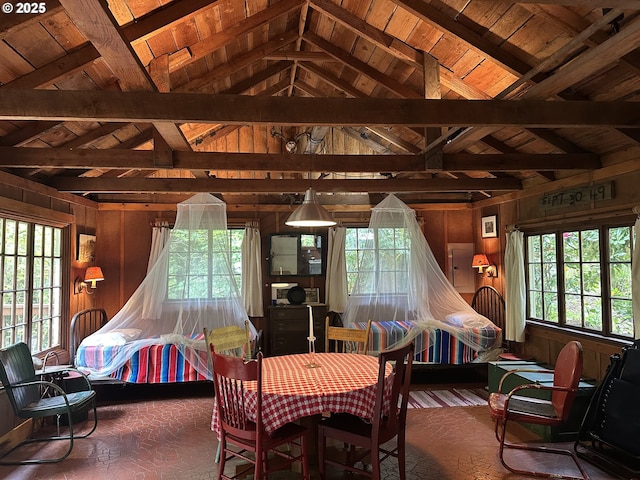 26015 NE Lucia Falls Rd, Yacolt, WA 98675 - dining space featuring wood walls, electric panel, and wooden ceiling