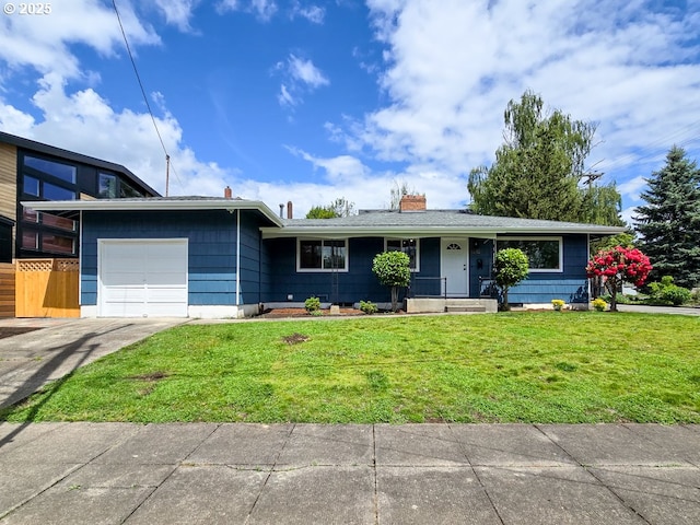 4145 SE Grant St, Portland, OR 97214 - ranch-style home with an attached garage, a front lawn, a chimney, and driveway