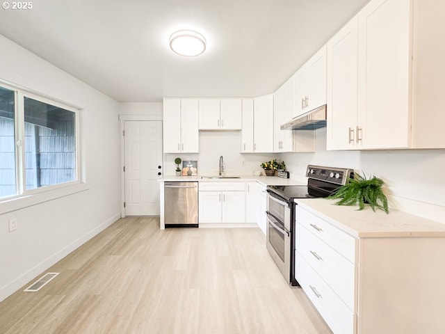 4145 SE Grant St, Portland, OR 97214 - kitchen with appliances with stainless steel finishes, under cabinet range hood, light wood-type flooring, light countertops, and baseboards