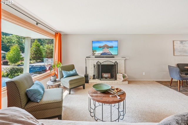 19211 SW Terry Ave, Lake Oswego, OR 97035 - carpeted living room featuring baseboards and a fireplace