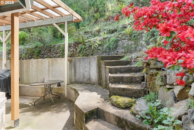 view of patio with fence and a pergola