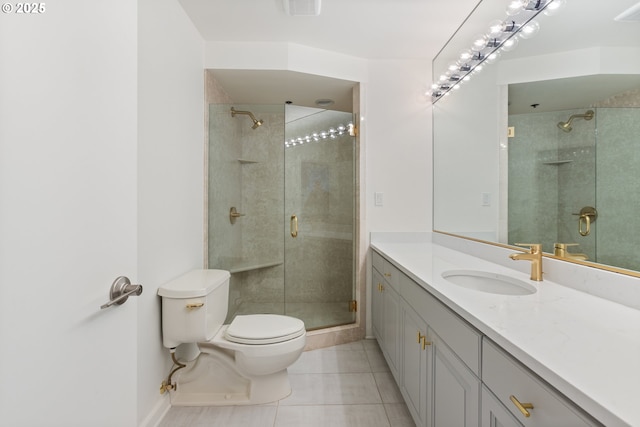 bathroom with a stall shower, tile patterned flooring, vanity, and toilet