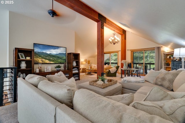 carpeted living room with beam ceiling, high vaulted ceiling, and a chandelier