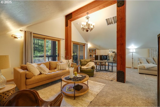 living room featuring high vaulted ceiling, a textured ceiling, carpet flooring, a notable chandelier, and beamed ceiling