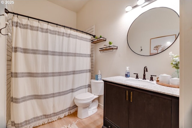 bathroom featuring hardwood / wood-style flooring, vanity, and toilet