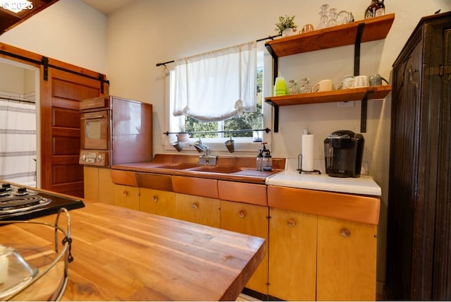 kitchen with a barn door, butcher block counters, and hardwood / wood-style floors