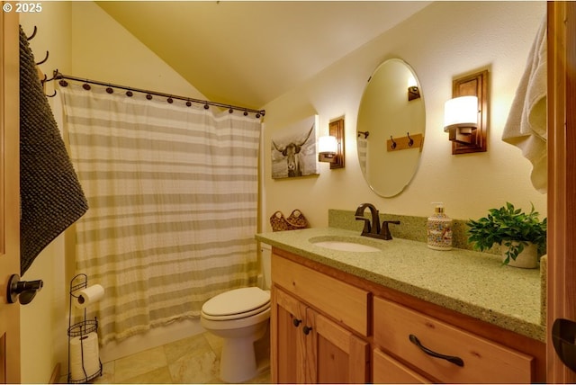 bathroom with vanity, lofted ceiling, and toilet