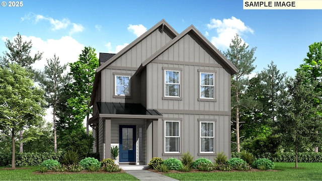 view of front of house featuring a standing seam roof, a front lawn, metal roof, and board and batten siding