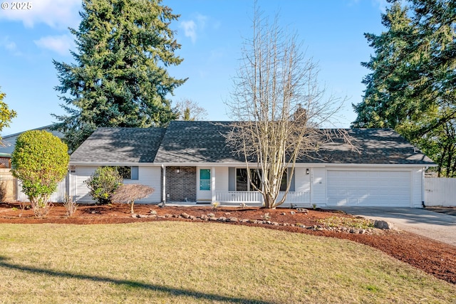 ranch-style home with a garage, a front lawn, and a porch